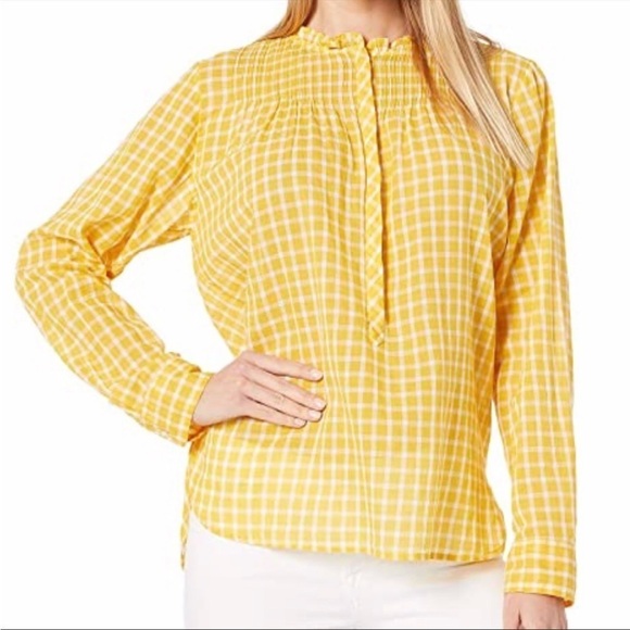J. Crew Popover Gingham Checkered Yellow and White Pleated Ruffle Trim Top - Picture 1 of 12